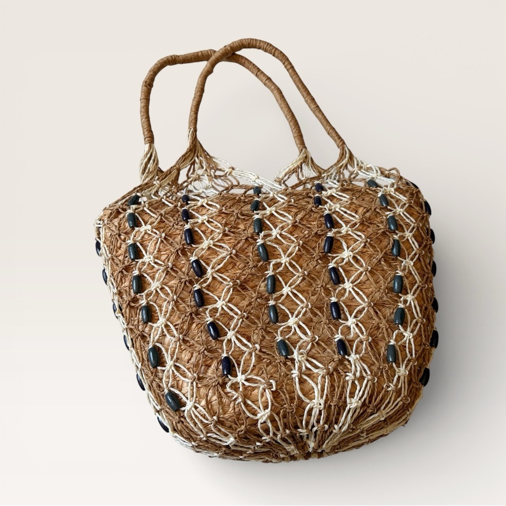 J. Crew Sedona Beaded Basket Bag Tan and White Woven Tote Straw New - Picture 4 of 10